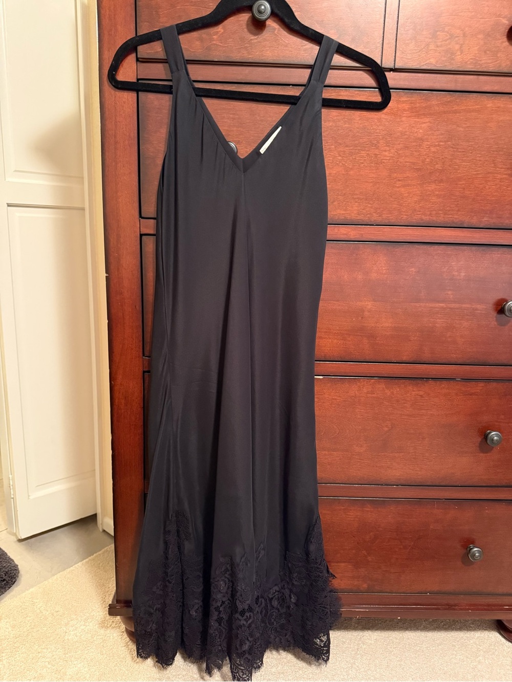 Classic Black Lace-Hem Silk Slip Dress with V-Neck